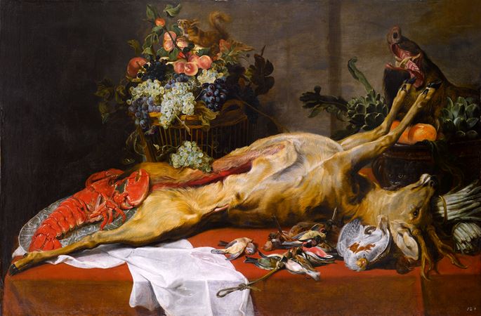 Frans Snyders - A Buck, a Lobster on a China Plate, a Squirrel in a Basket of Fruit, Artichokes and a Boar’s Head in a Tureen, with Birds, a White Napkin and Asparagus on a Draped Table | MasterArt